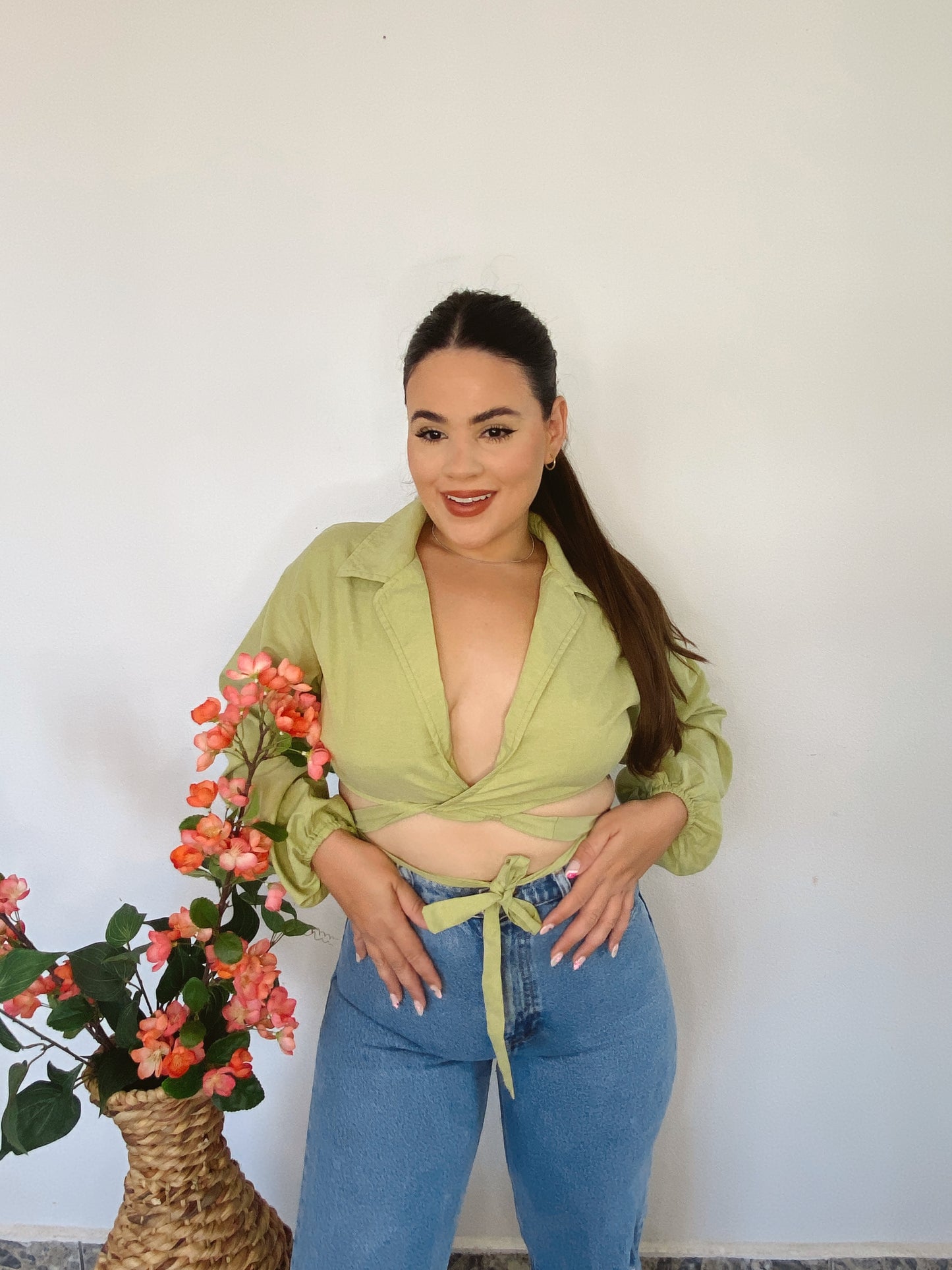 Long Sleeve Crop Top - Green